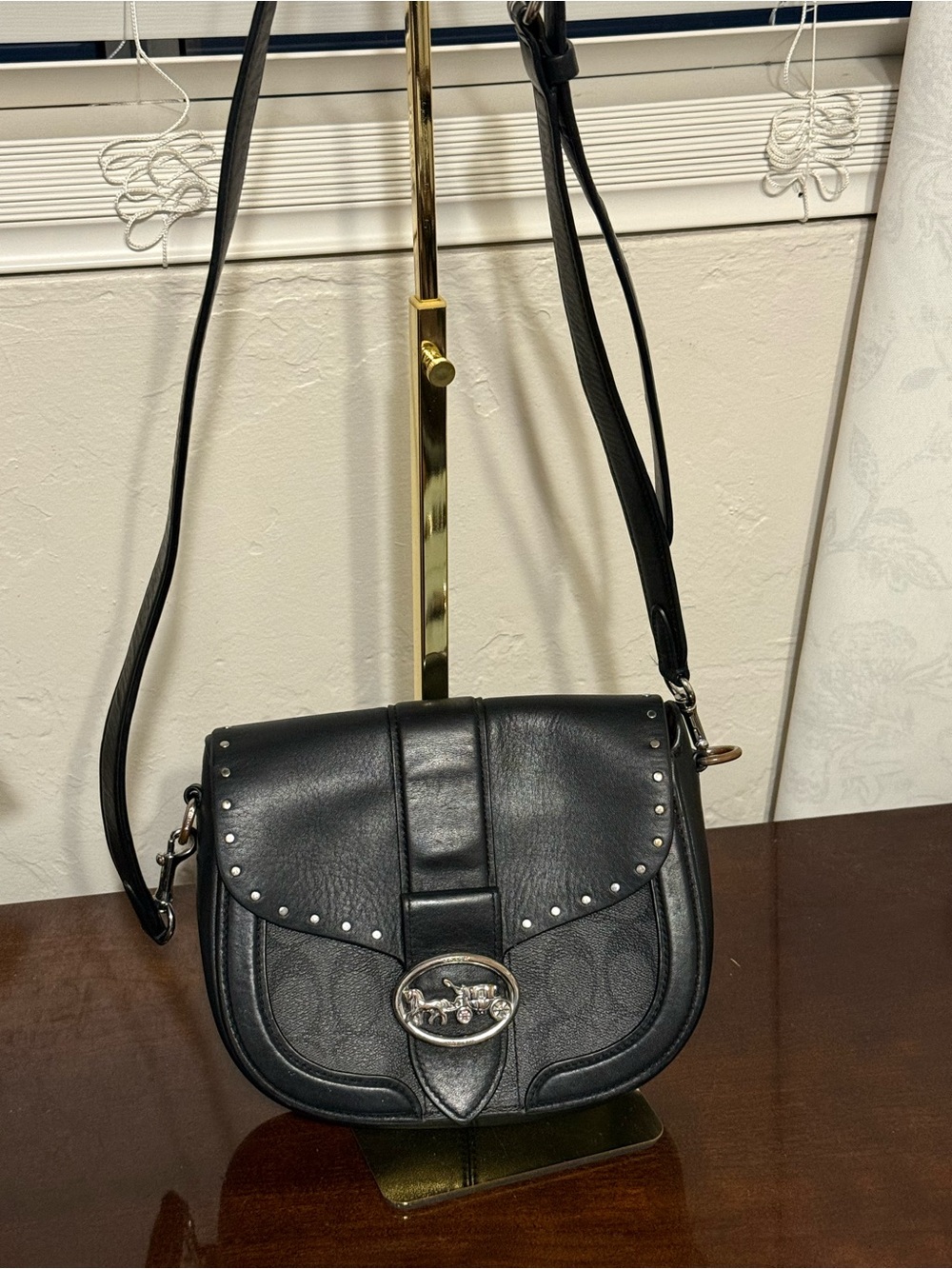 Coach C3597 Black Leather Crossbody Saddle Bag with Silver Accent